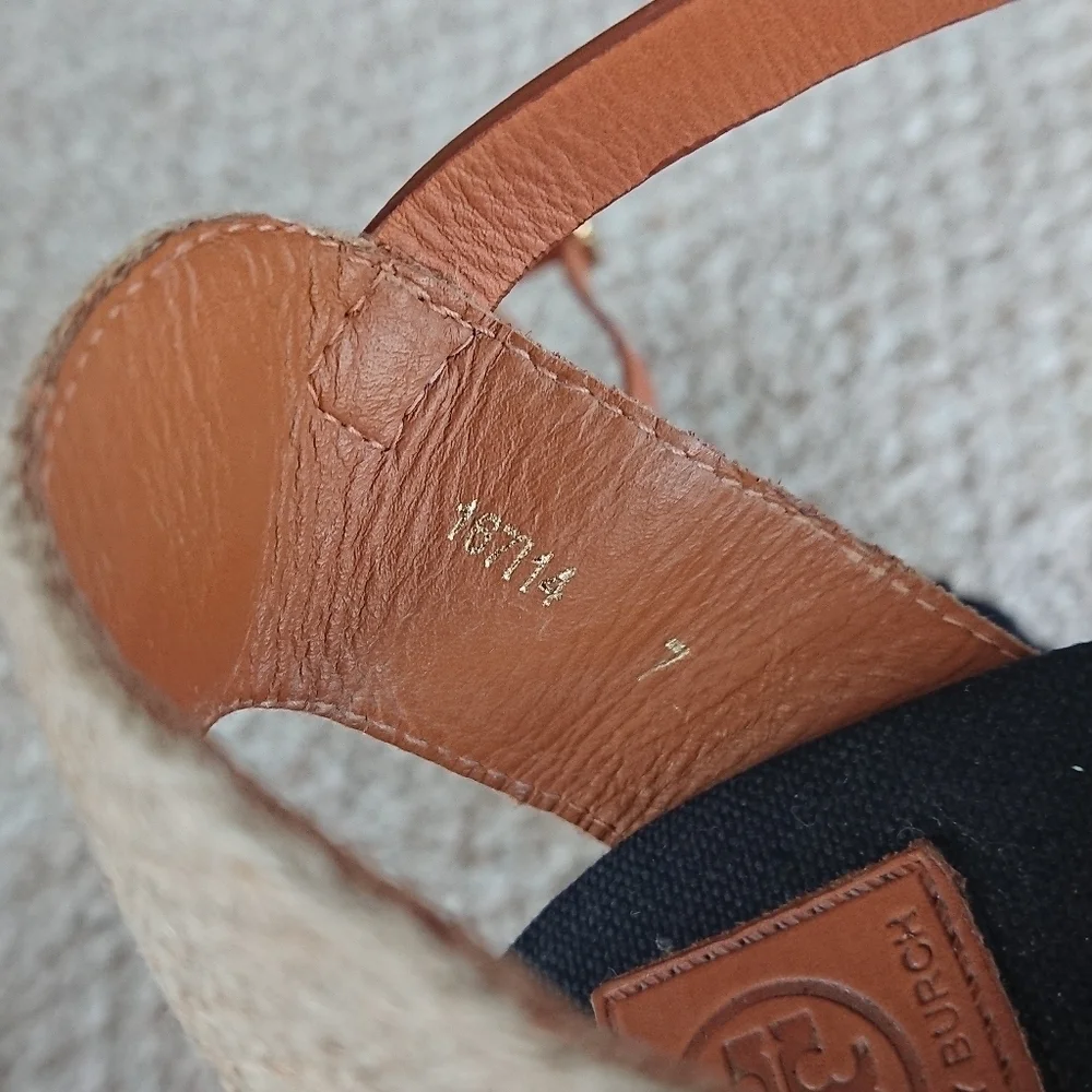 TORY BURCH Knotted Bow Wedge Espadrille Platform Sandal Black/NAVY/ Tan SIZE 6.5